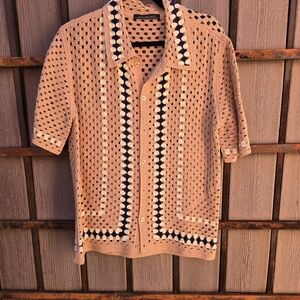 Crochet Button-Up Shirt in Peach and Cream
